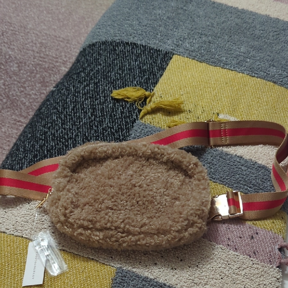 Anthropologie Fuzzy Tan Belt Bag with Red Strap